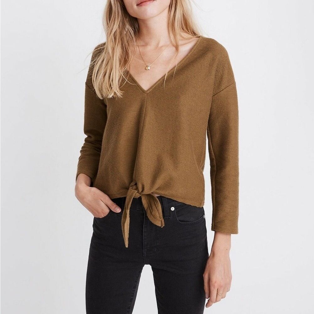 Madewell Texture & Thread Brown Ottoman Knit Tie Front Long Sleeve Top Size M